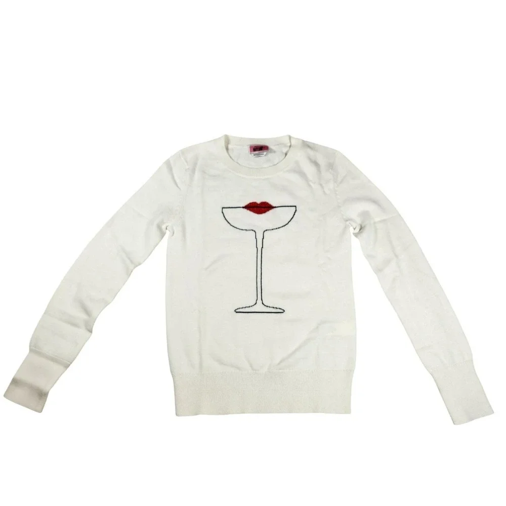 Kate Spade‎ New York Cocktail Kiss Martini Sweater Cream Red Lips XXS NWOT